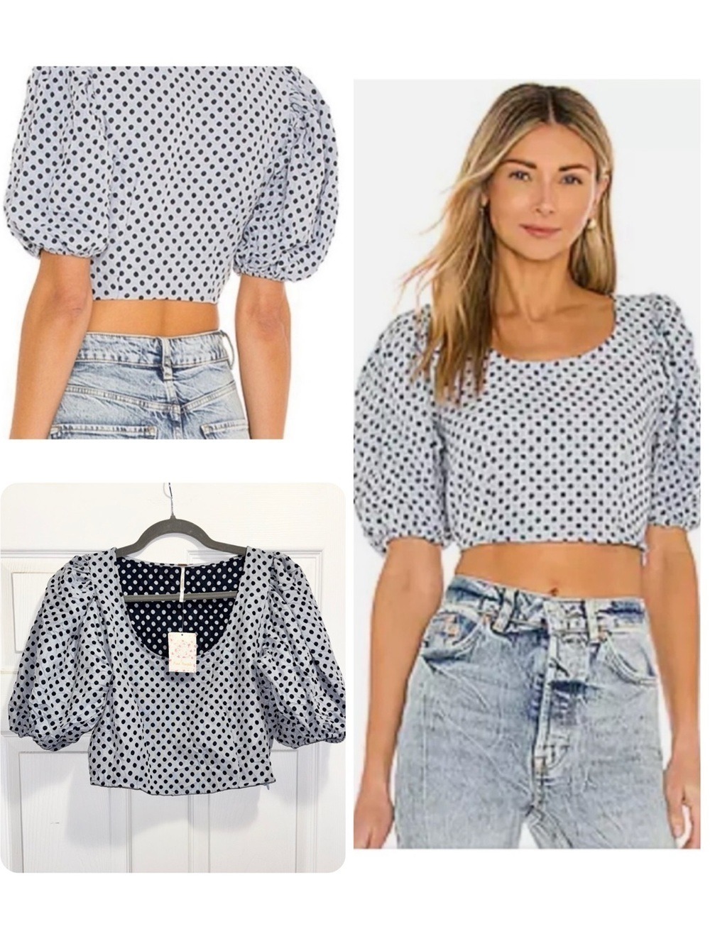NWT Brand New FREE PEOPLE Polka Dot Puff-Sleeve Blouse Crop Top Sz 10 Brand New